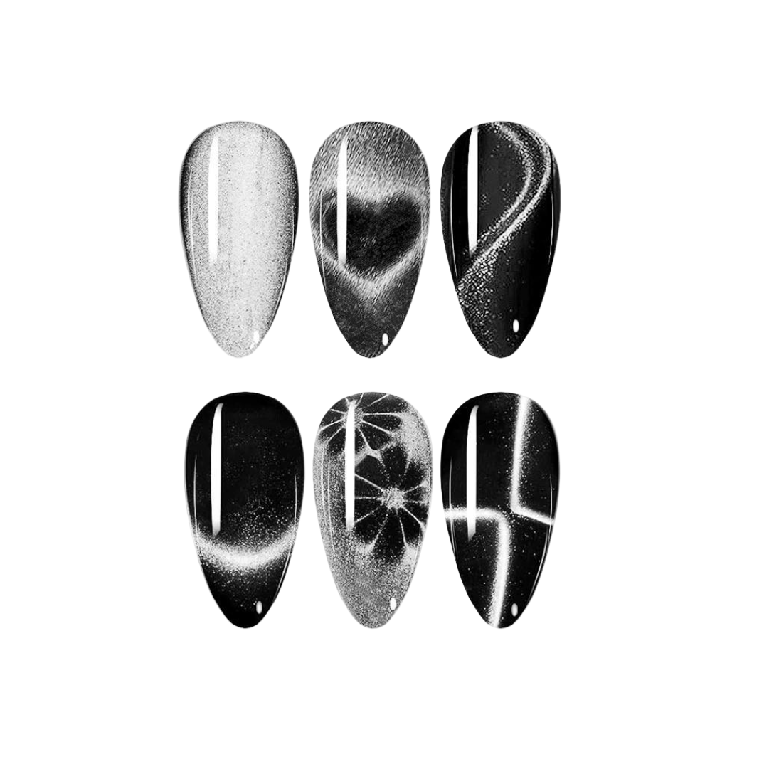 Set of six black and white nail art designs